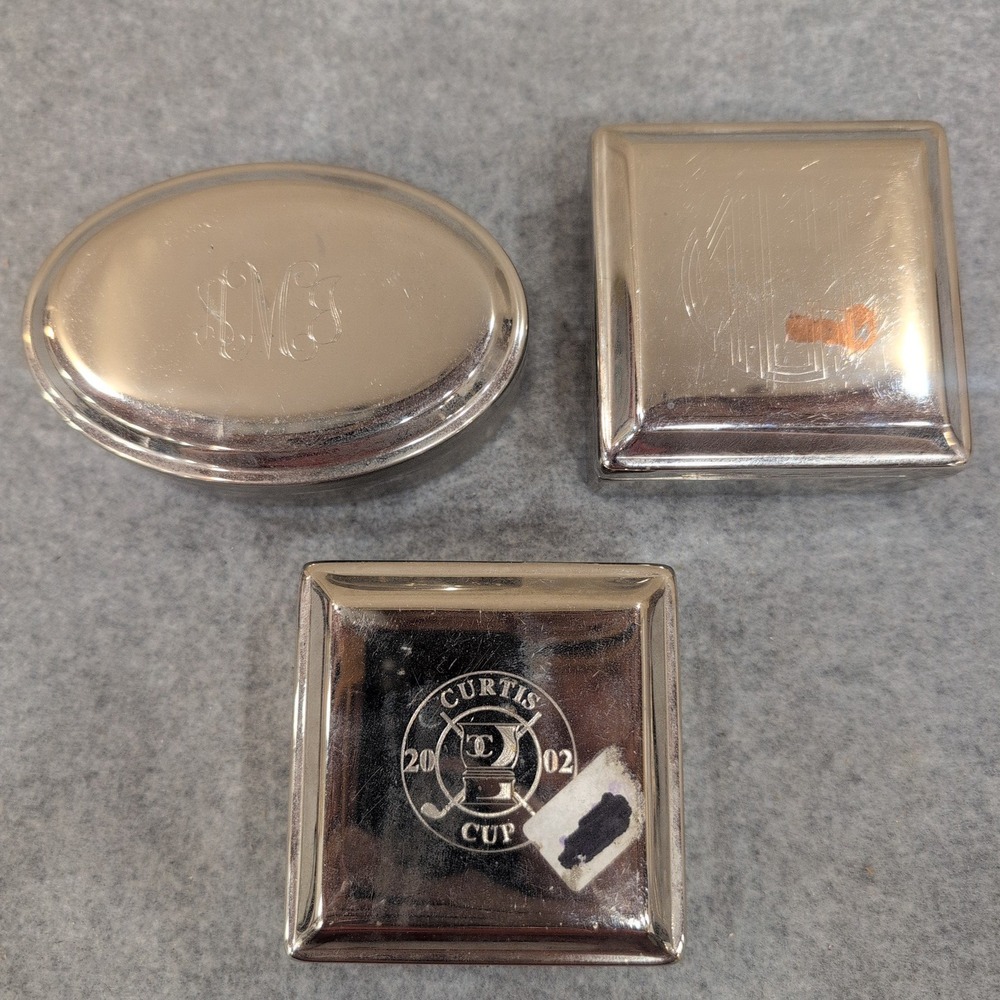 Vintage Silver Tone Monogrammed Oval and Square Trinket Boxes Set of 3 - Picture 1 of 5